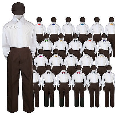 4pc Boys Suit Set Chocolate Brown Bow Tie Baby Toddler Kid Uniform Pants Hat S-7 4pc Boys Suit Set Chocolate Brown Bow Tie Baby Toddler Kid Uniform Pants Hat S-7